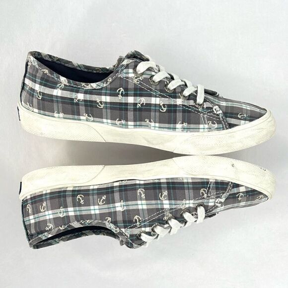Sperry Pier View Anchor Plaid Gray Blue White Canvas Laced Slip On Sneakers 7.5 - Picture 5 of 11